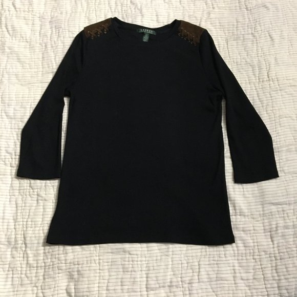 Ralph Lauren Black Women's Top with Faux Leather Shoulder Accents Size Large - Picture 2 of 6